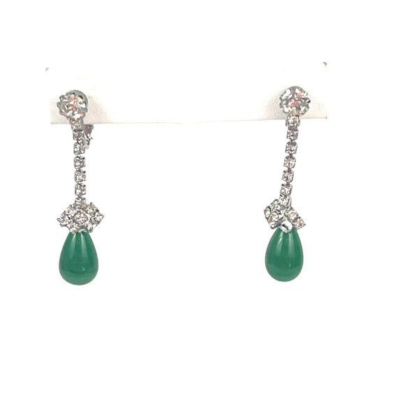 Kramer Green Teardrop Clip-On Earrings With Rhinestones - Picture 7 of 9